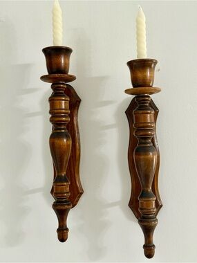 Vintage Wooden Wall Sconces Pair in Warm Brown